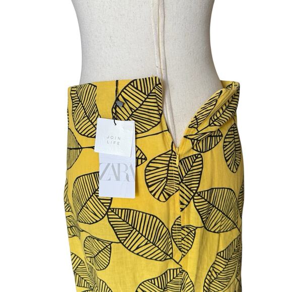 Zara Yellow Leaf Print Slit Midi Skirt High Waist Linen Blend M - Picture 7 of 9
